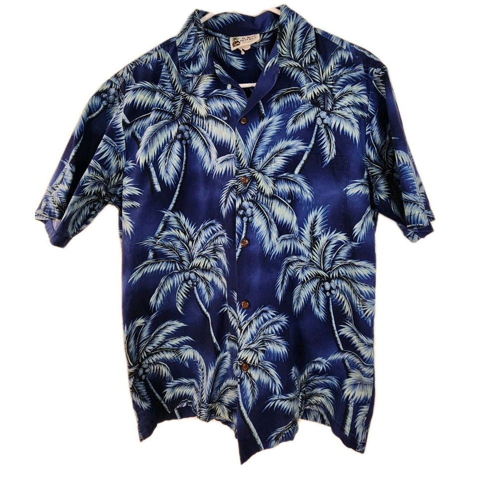 Aloha Republic Hawaiian Shirt‎ Mens Medium Blue Palm Tree Made In Hawaii USA